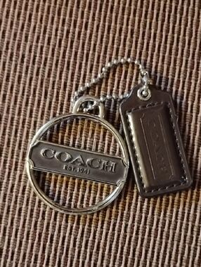 Coach Silver Metal and Brown Leather Tag Key Charm